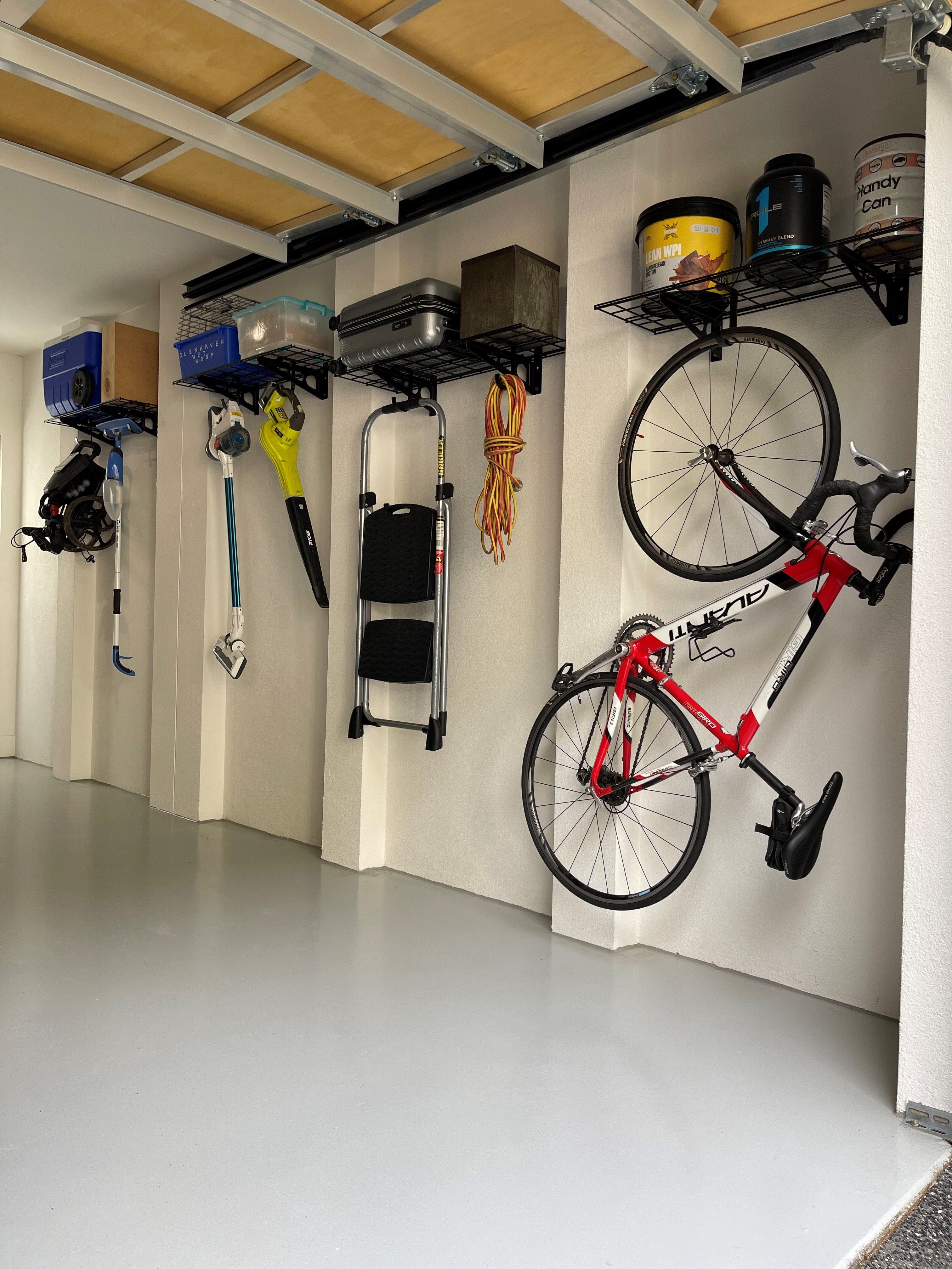 Garage shelf store with bike hooks